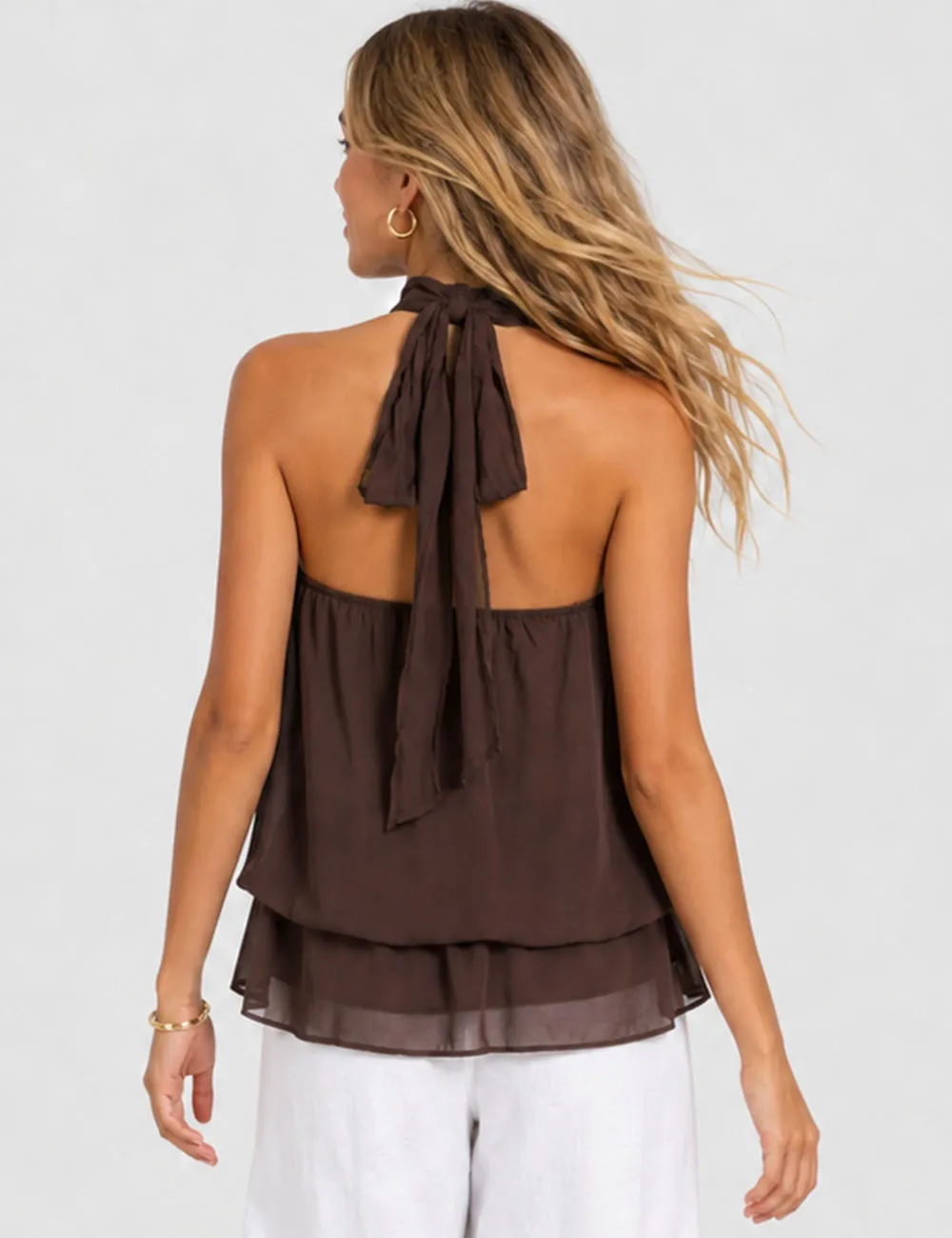 Chiffon Stand Neck Solid Color Ruffle Hem Sleeveless Top