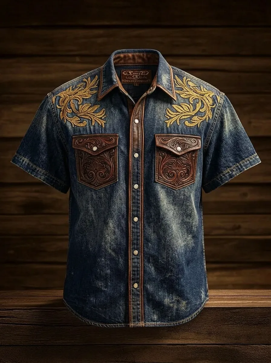 Men's Western Cowboy Floral Embroidery Tooled Leather Print Shirt