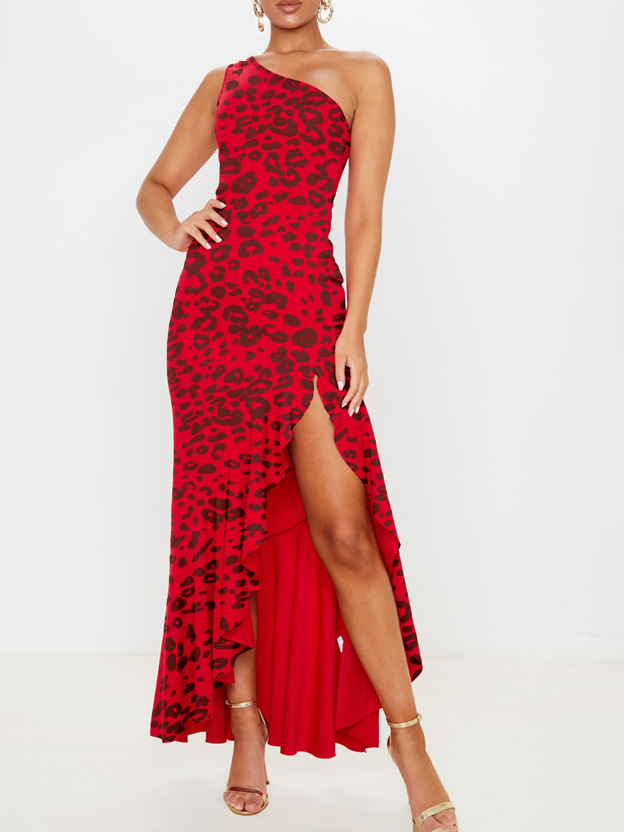 Red One Shoulder Frill Split Maxi Dress