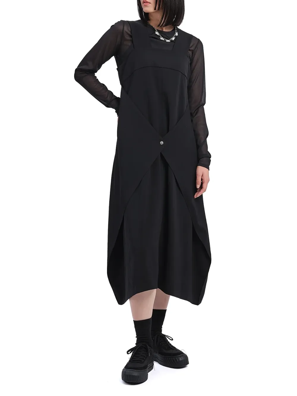 Sheer Sleeve Asymmetric Hem Midi Dress