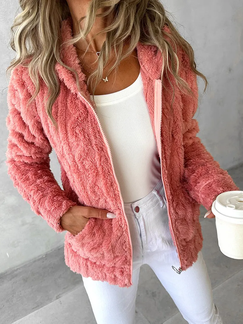 casual solid color plush hooded jacket