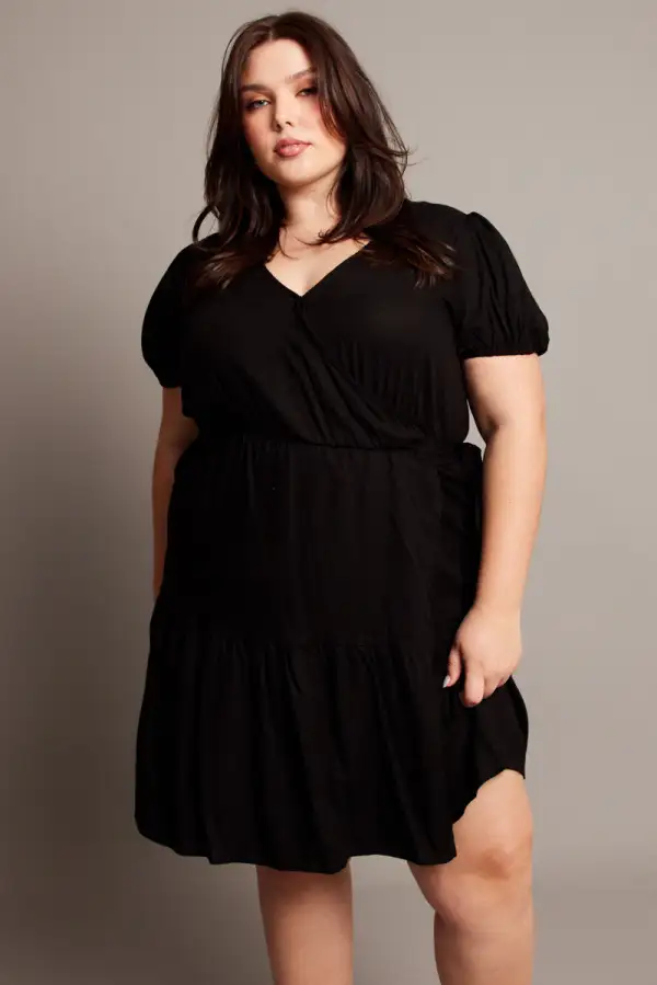 Black Crossover Cotton Blend Tiered Wrap Minidress