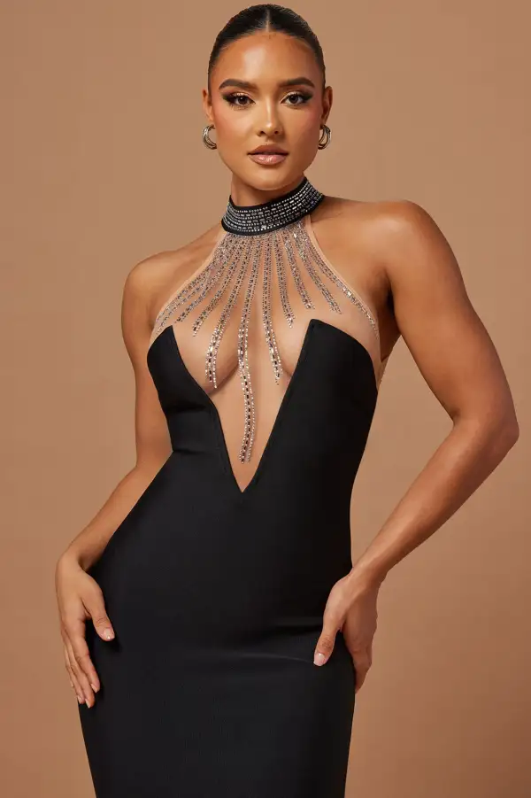 Lina Embellished Bandage Maxi Dress - Black