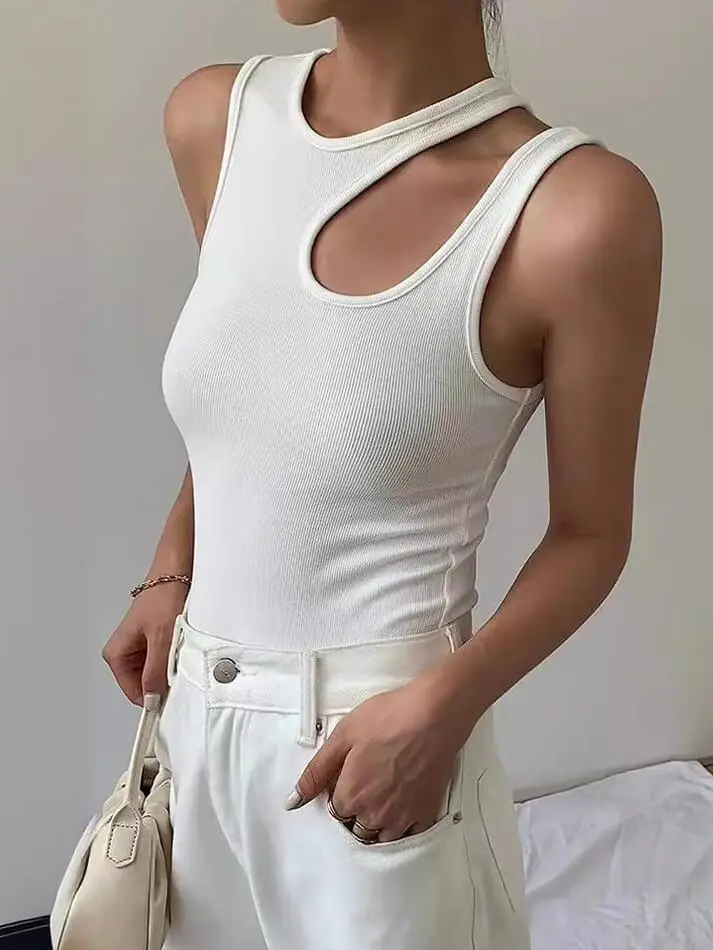 Asymmetric Crew-Neck Ribbed Sheer Tank Top