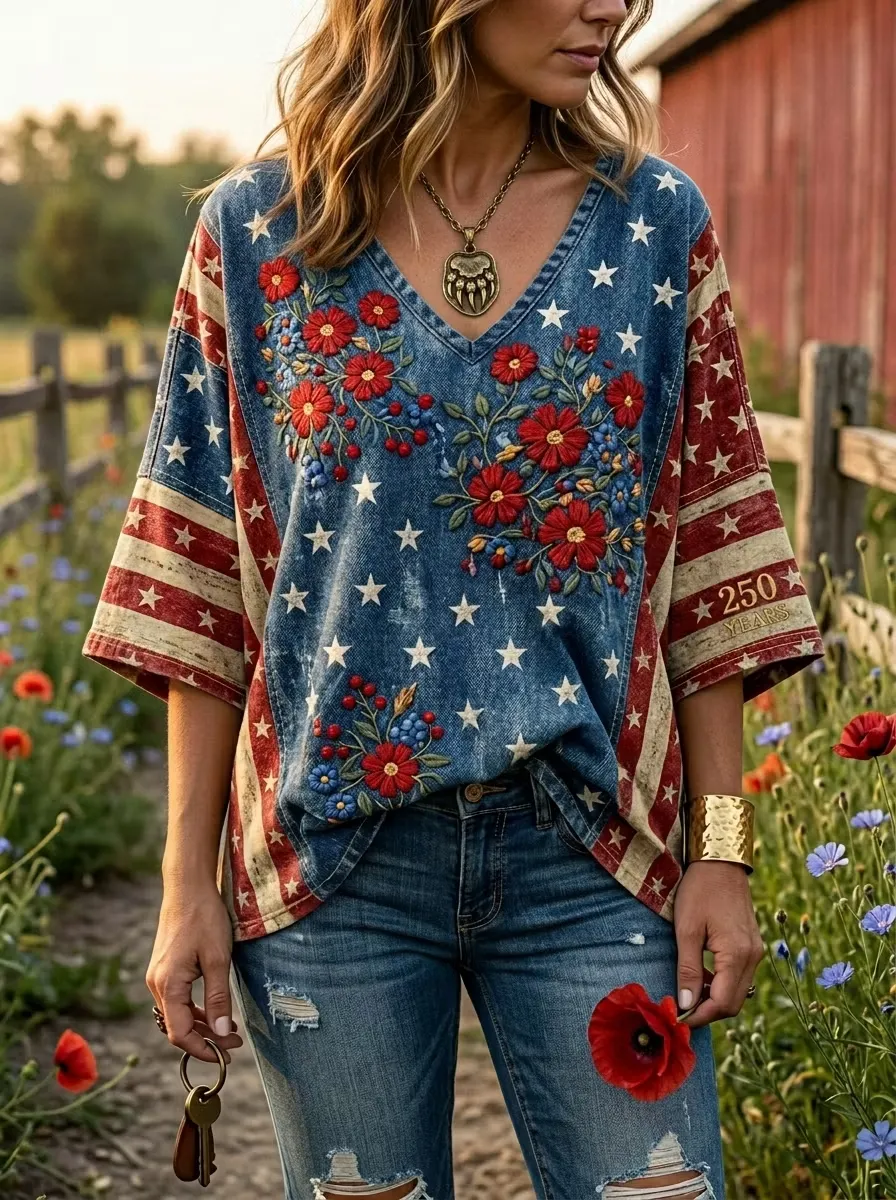 Vintage 250th Anniversary Fourth of July Print Casual V-neck Denim Top