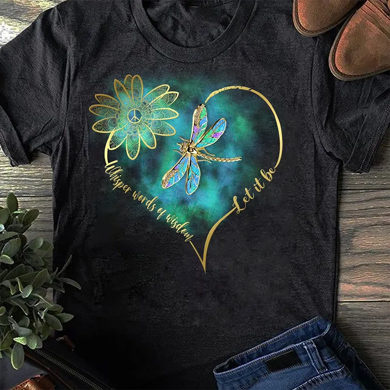 Women's Hippie Whisper Words Of Wisdom Let It Be Print Round Neck Short Sleeved T-shirt
