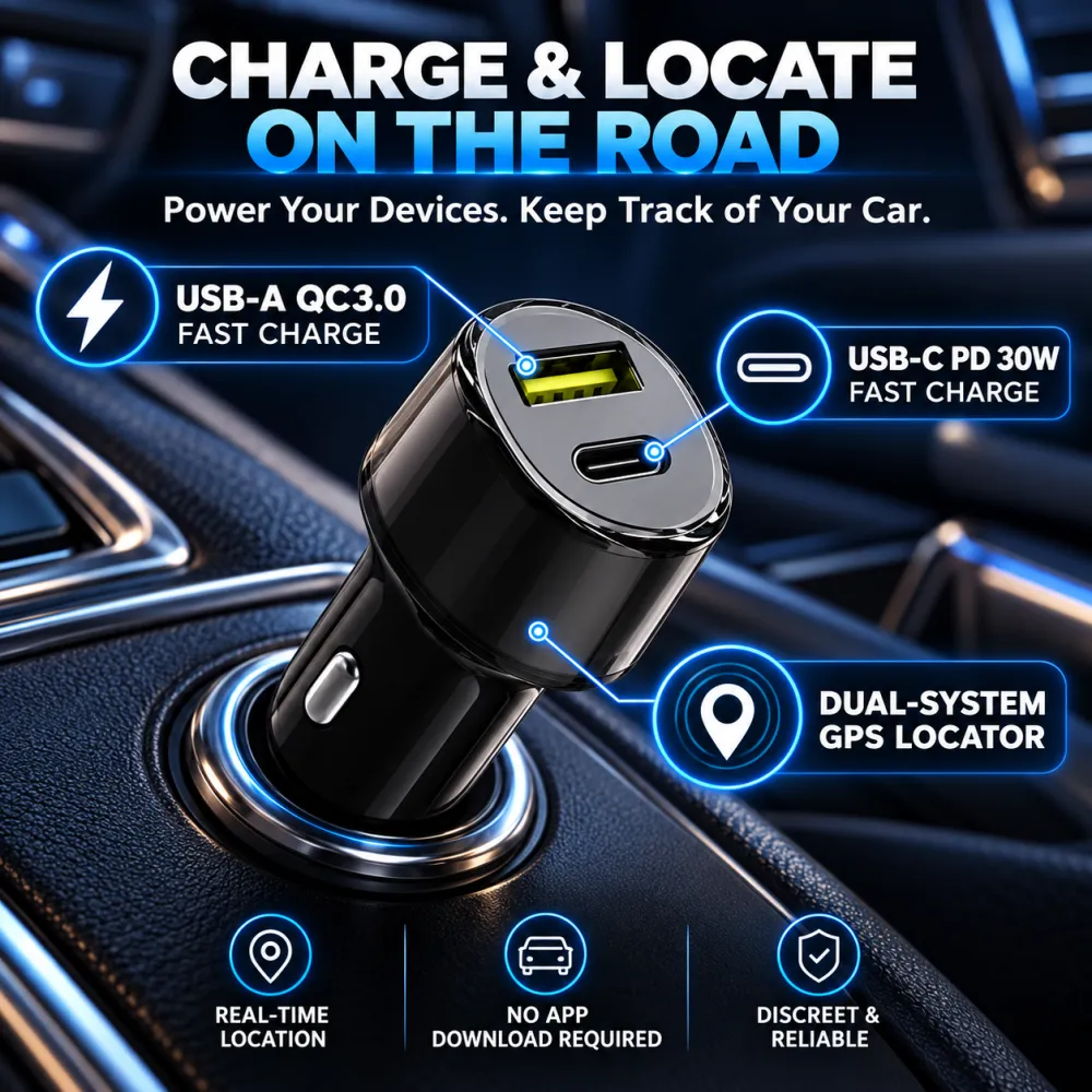 2-in-1 Compact Car Charger GPS Tracking Adapter -30W Fast Charging USB-C Device, Parking Lot Loss Prevention Function, Supports iPhone+Android Charger, Portable Can Put in Bag, Tool Upgrades