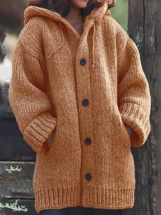 Button Down Hooded Knitted Cardigan Plus Size Knit coat