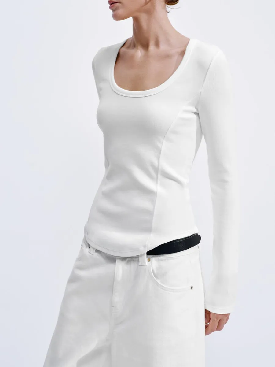 Lady's White Split Round-Neck Casual Style Fitted Long-Sleeved T-Shirt