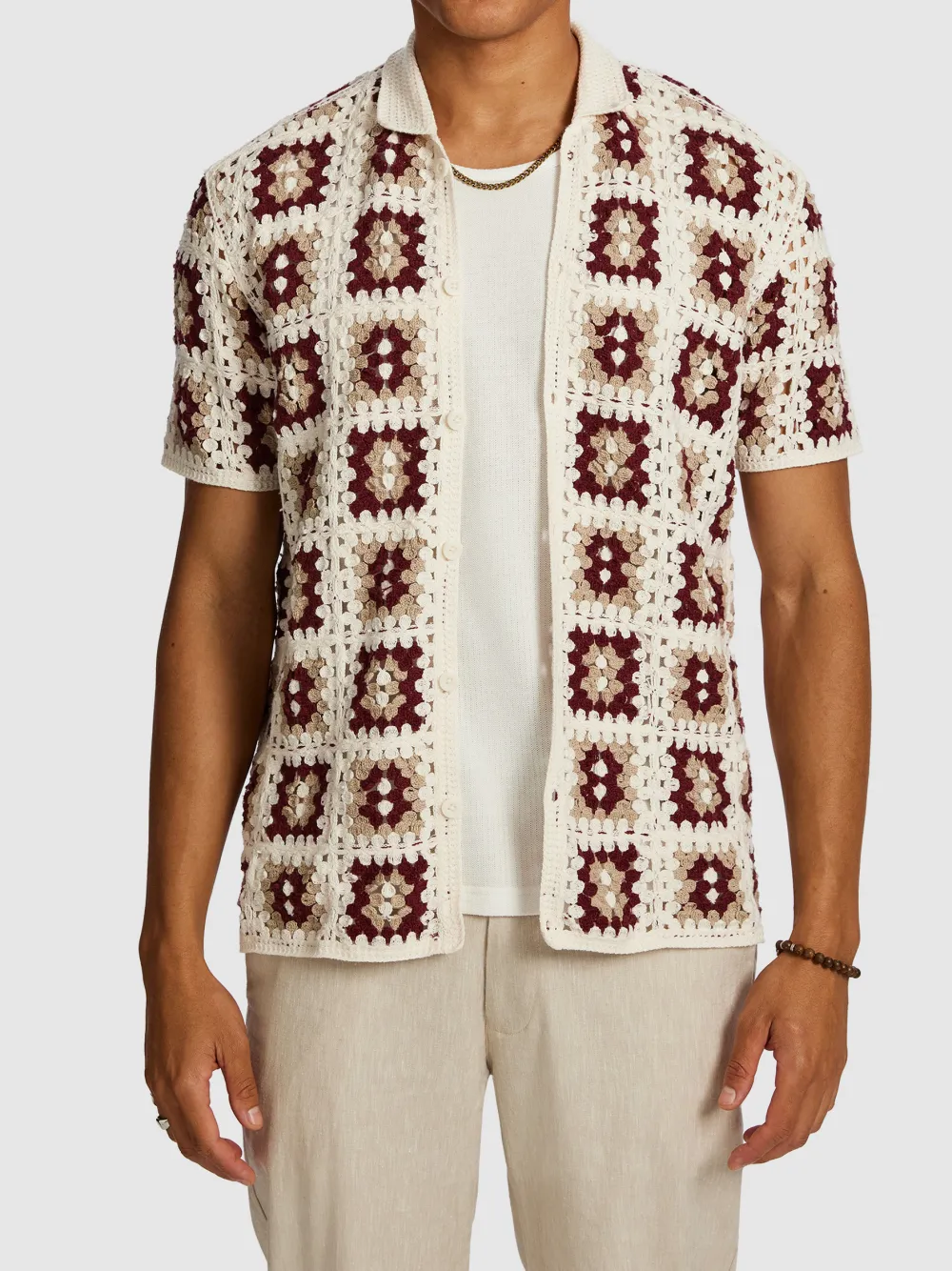 Beige And Red Patterned Knit Short Sleeve Shirt