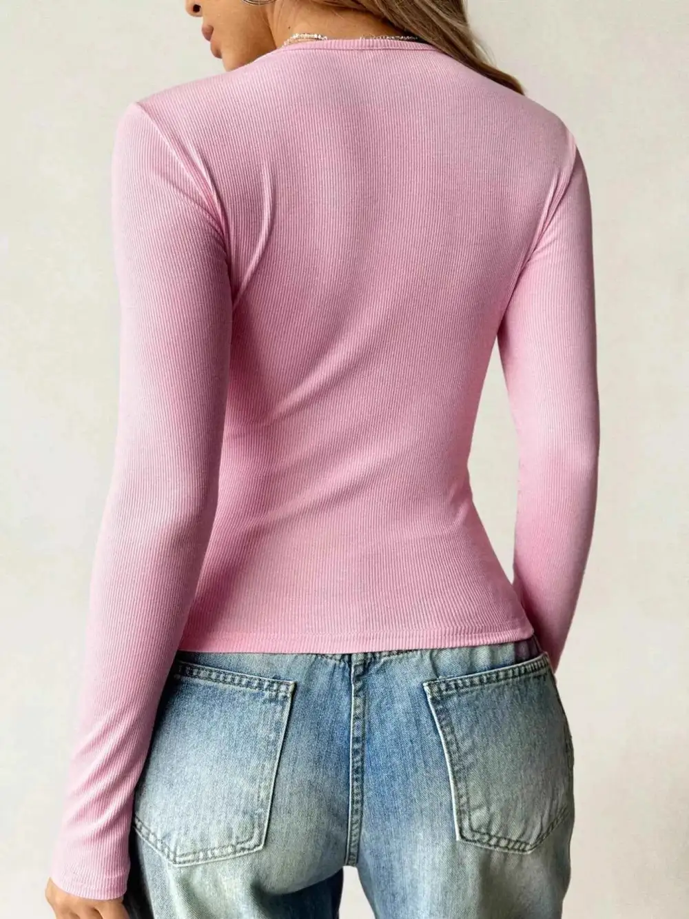 Ribbed Knit Long Sleeve Fitted T-Shirt