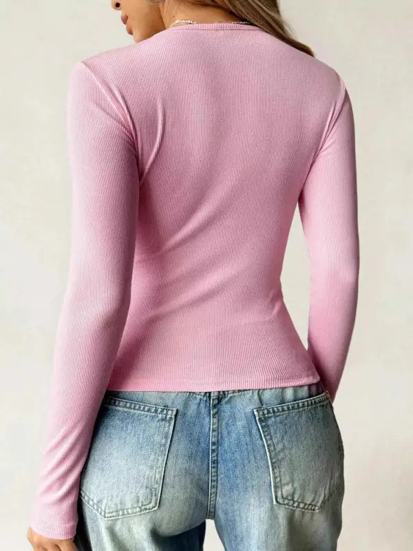 Ribbed Knit Long Sleeve Fitted T-Shirt
