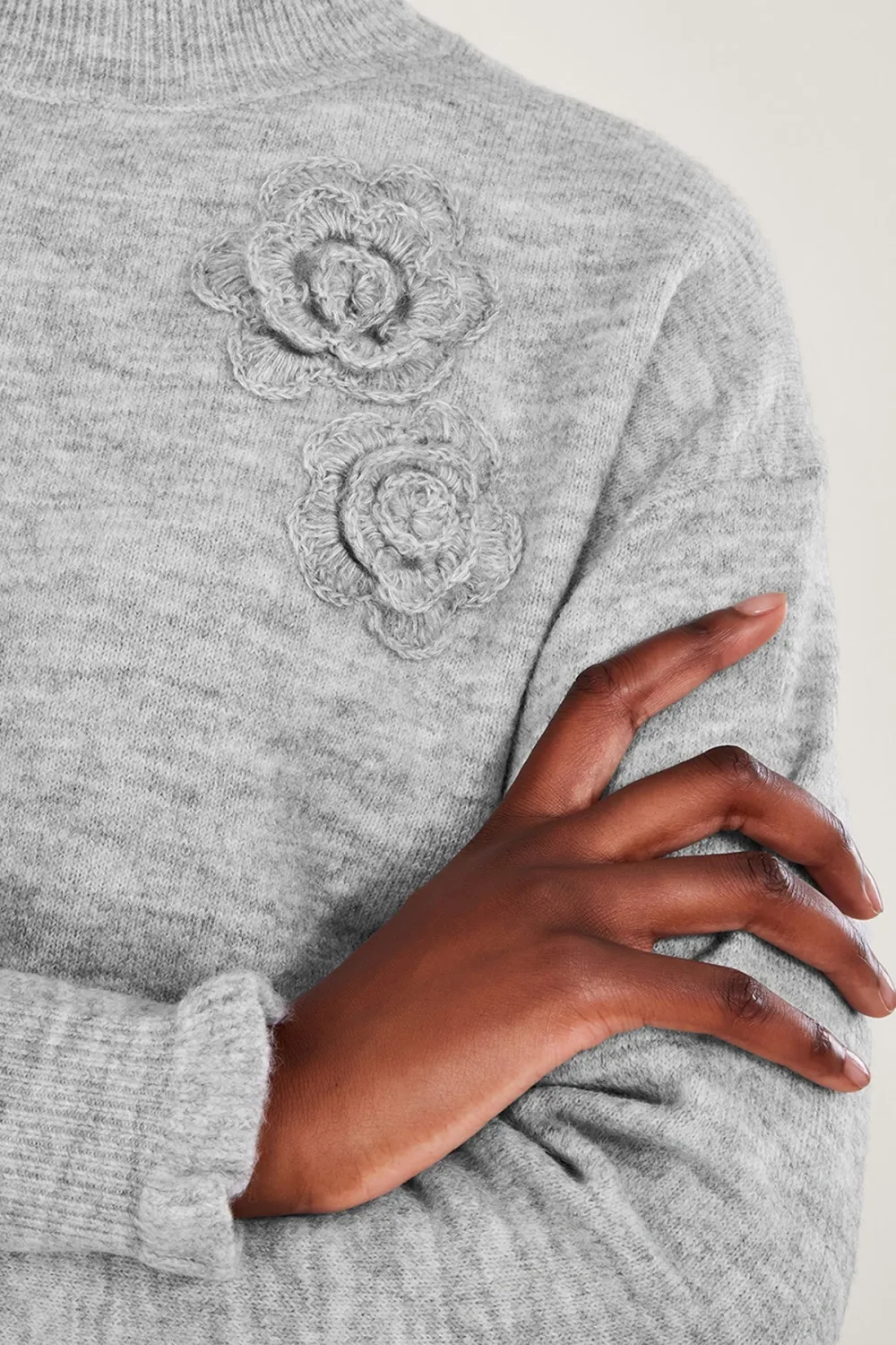 Grey Turtleneck Flower Embroidery Knit Top