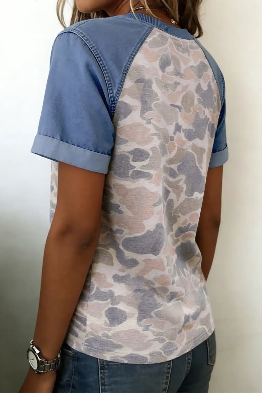 Camouflage Print Denim Contrast Blocked Sleeve Tee