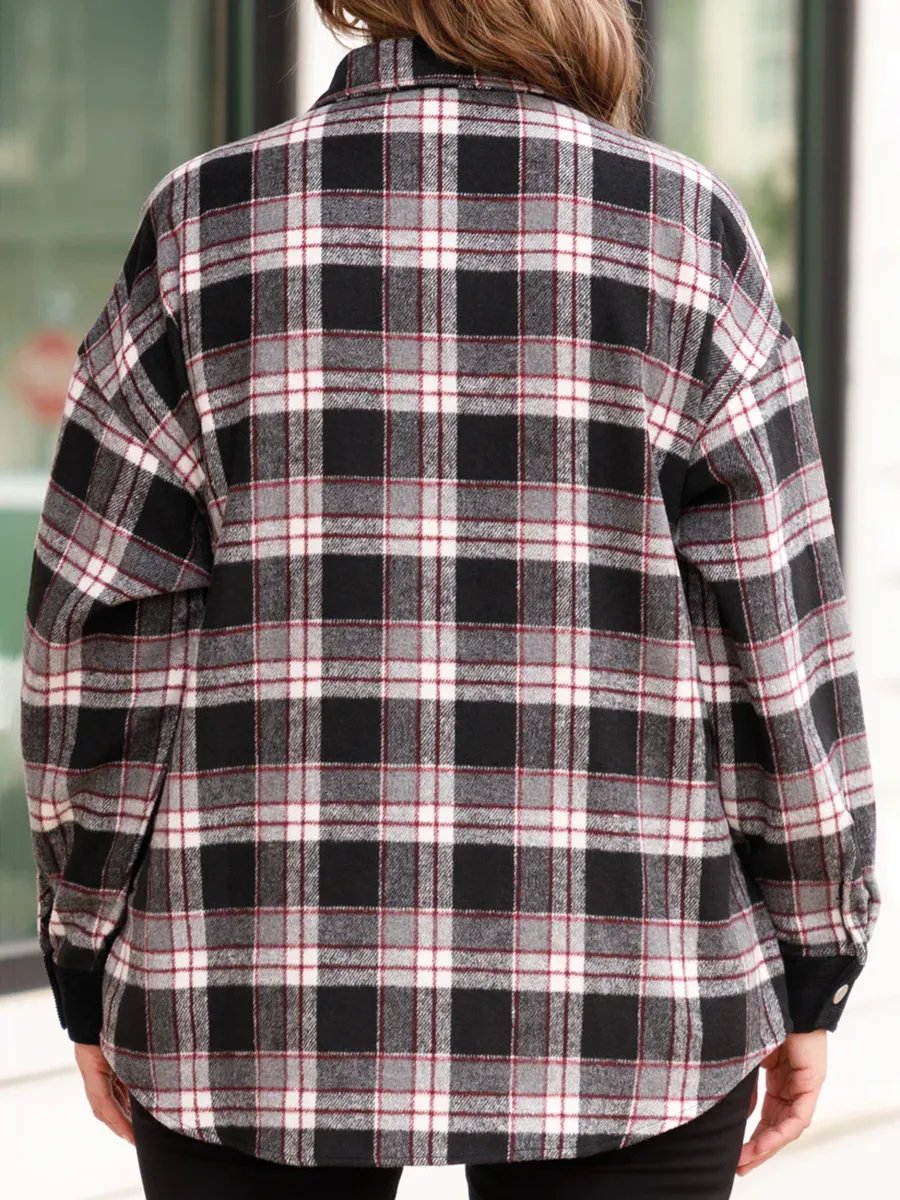 Black plaid patchwork pocket jacket