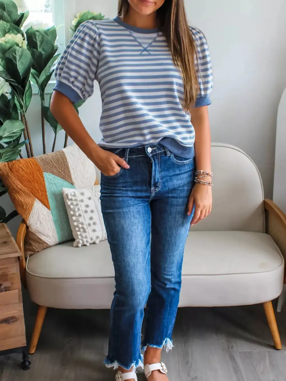Stripe Short Bubble Sleeve T Shirt