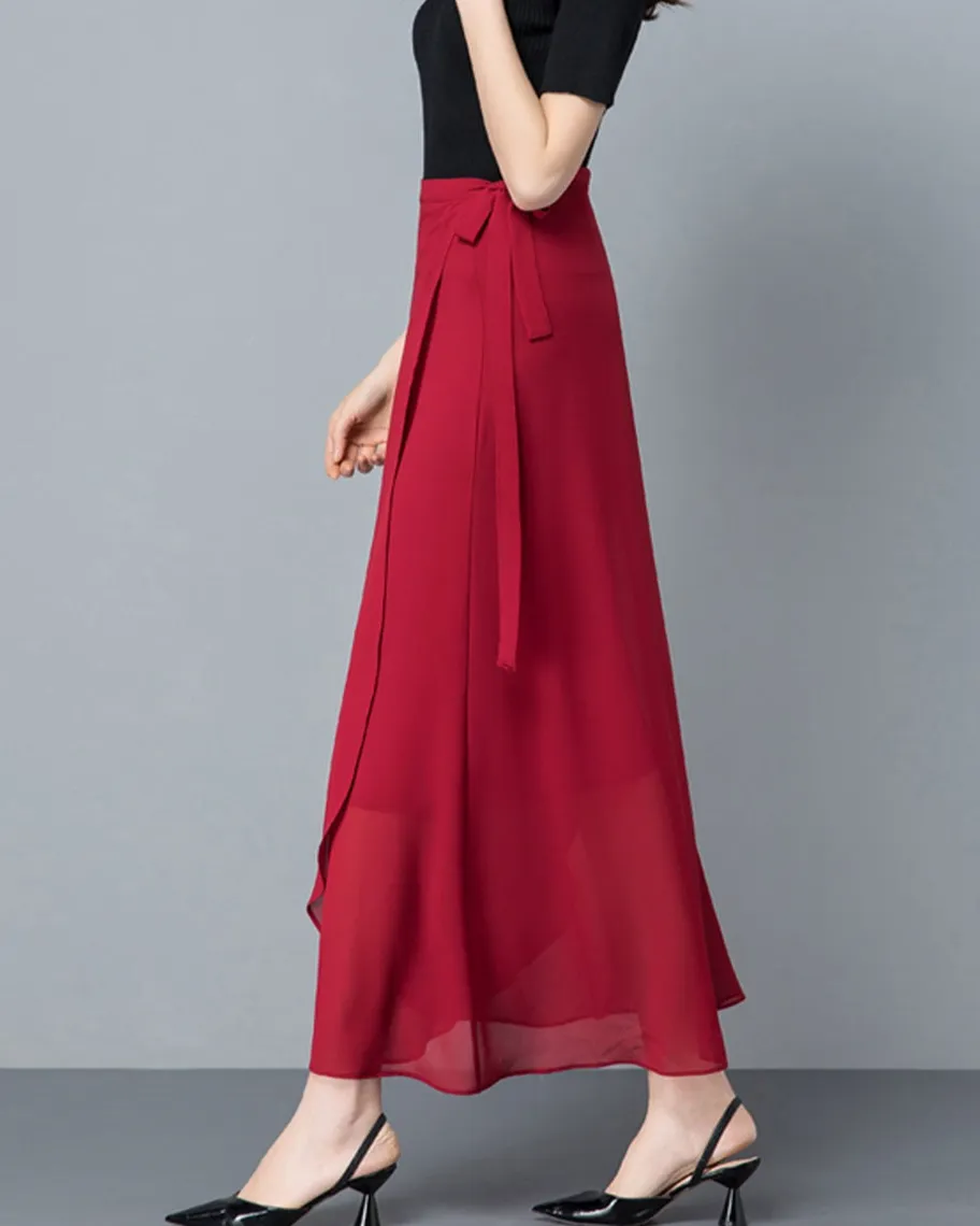 Airy Belted Chiffon A Line Midi Skirt