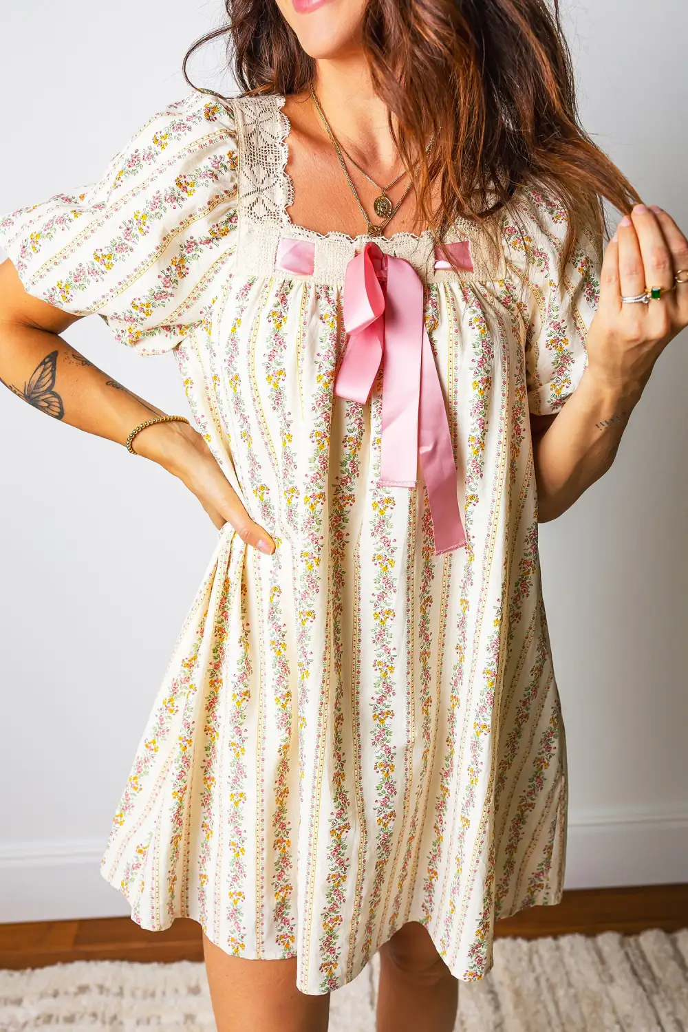 Gathered Detail Floral Printed Ribbed Mini Dress