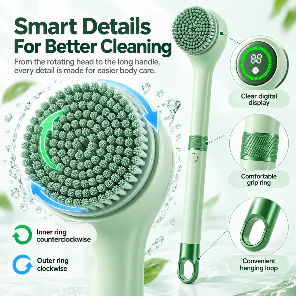 Rechargeable Electric Shower Back Scrubber - Long Handle IPX Waterproof PVC Rotating Bath Brush with 5 Replaceable Brush Heads, 3 Speed Modes, Exfoliating Massager for Adults with Sensitive Skin