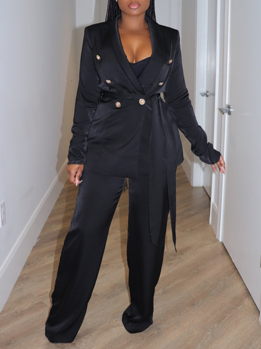 Black satin suit pants set