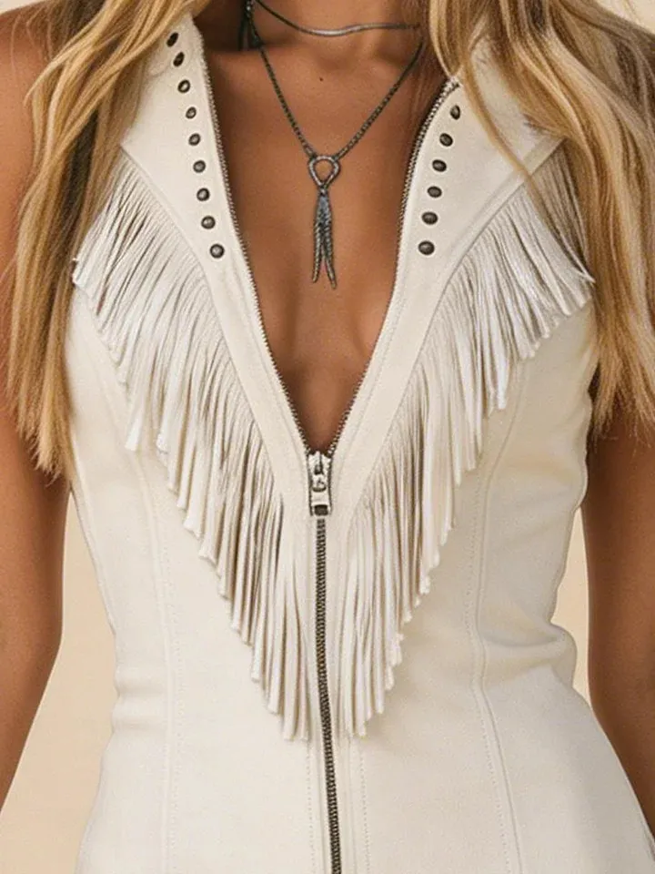 Western-Style Faux Suede Fringed Sleeveless Mini Dress