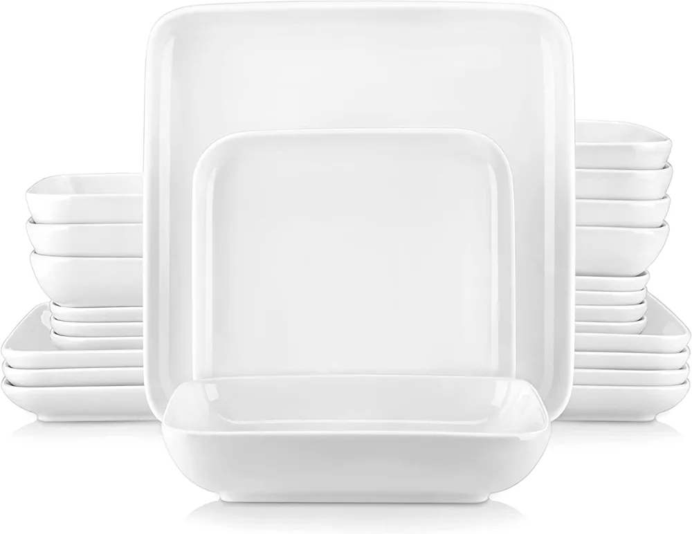 MALACASA Dishes Set for 12, Marble Grey Square Dinnerware Sets, 48 Piece Porcelain Plates and Bowls Sets with Dinner Plates, Dessert Plates, Soup Plates and Cereal Bowls, Series IVY