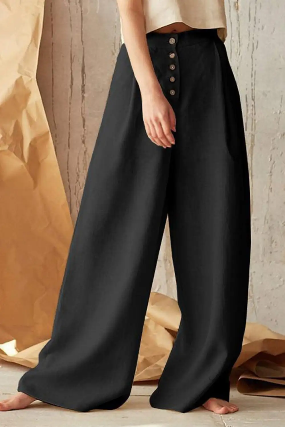 Button Front Wide Leg Pants