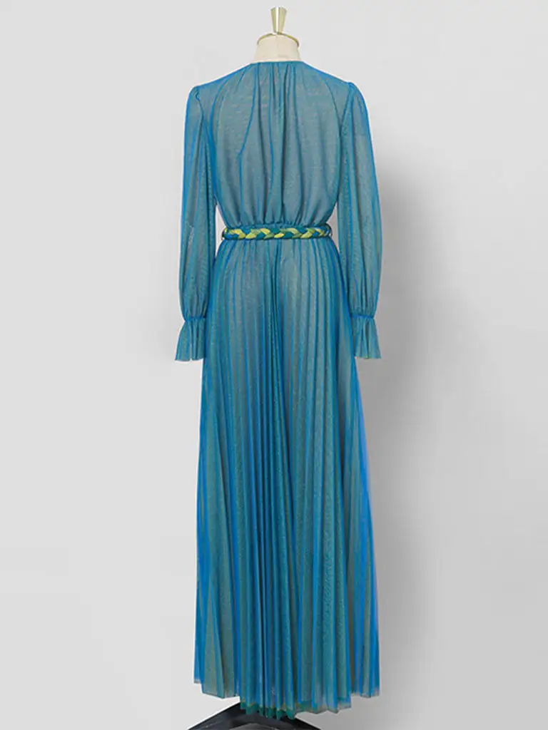 Pleated Lantern V Neck Long Dress