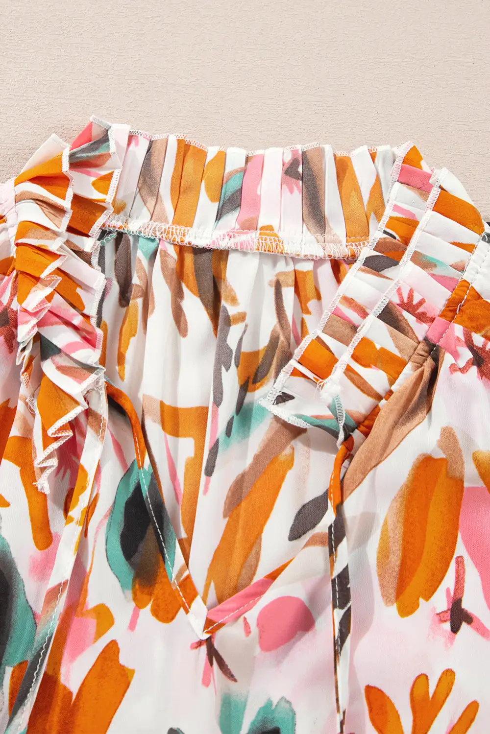 Abstract Print Frilled V-Neck Blouse
