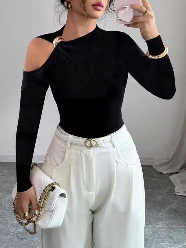 Long Sleeve Slim Fit Asymmetric Neckline T-Shirt