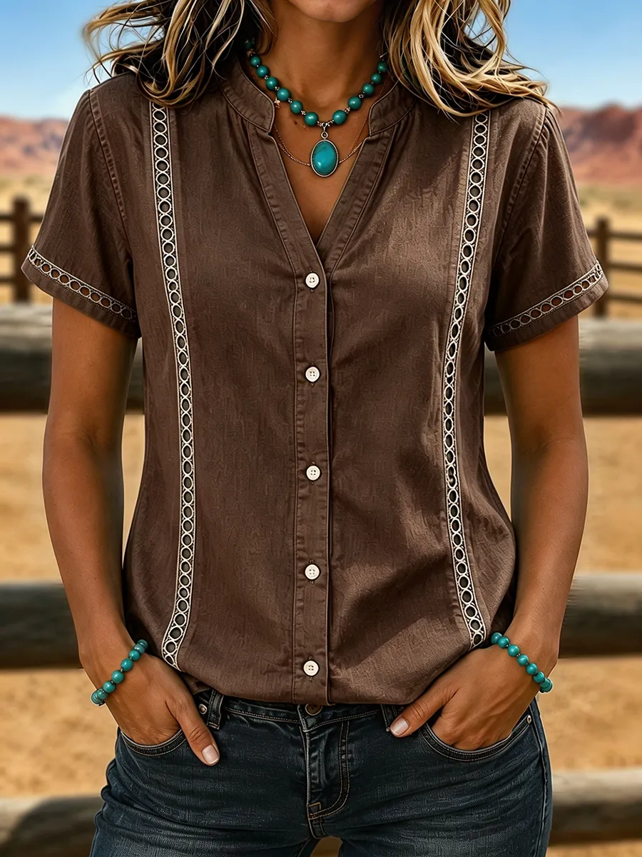 Women's Retro Hollow Out Lace Trim Button Down Western Denim Blouse