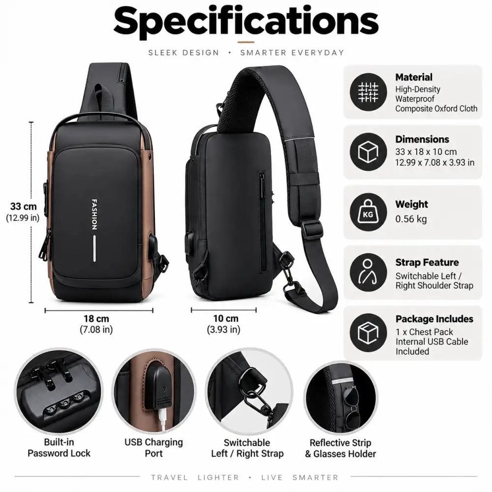 Anti-Theft Smart Sling Bag | Built-in USB Charging & Secure Combination Lock