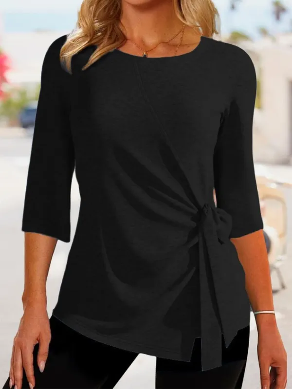 Plain Crew Neck Knot Detial Half Sleeve Tunic Top