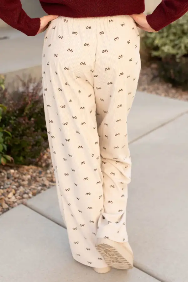 Bow Print Drawstring Elastic Rise Loose Corduroy Pants
