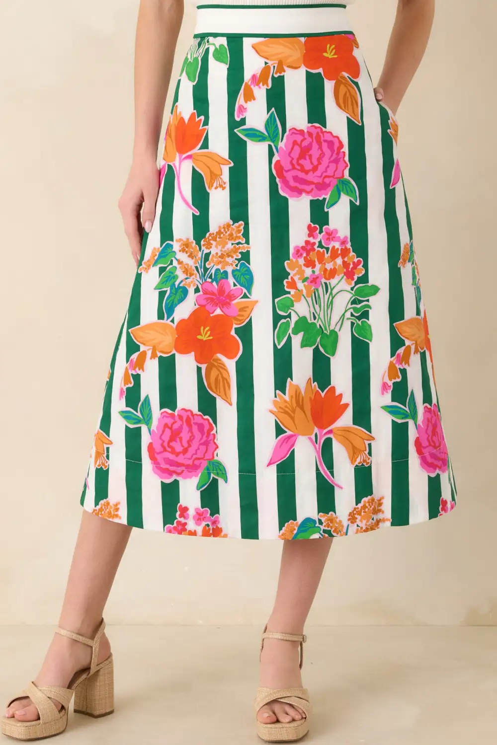 Multi Floral Stripe Cotton Midi Skirt