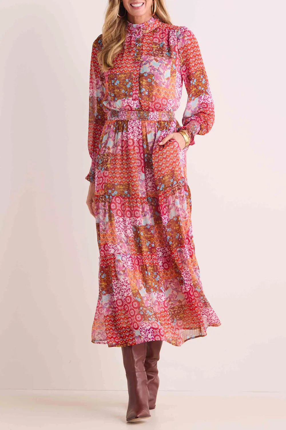 Salmon Pink Print Stand Collar Maxi Dress