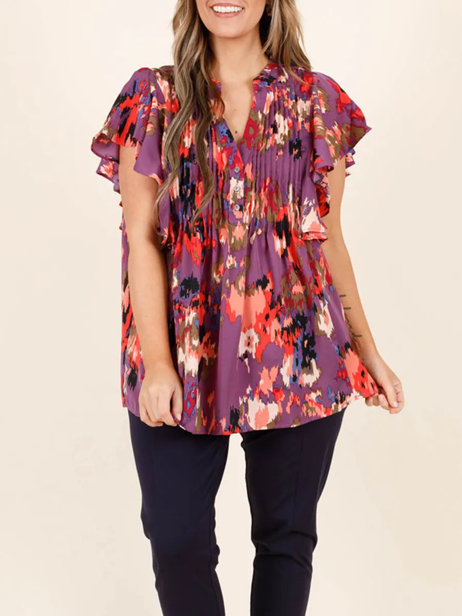 Contrast pattern ruffled short sleeved shirt