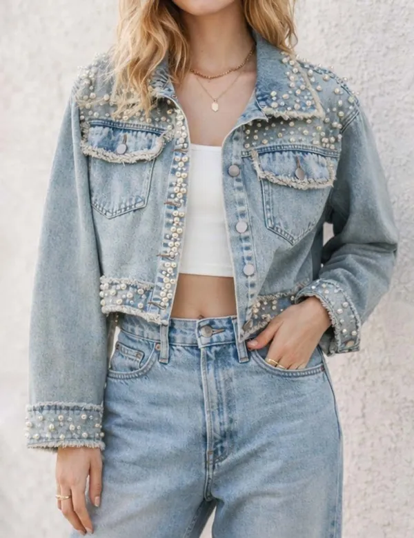 Faux Pearl Beaded Frayed Hem Cropped Denim Jacket