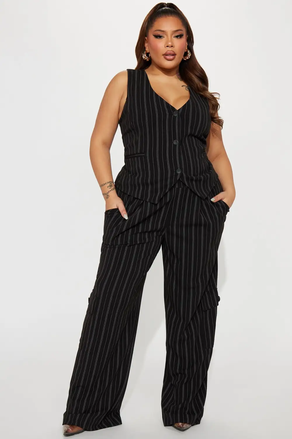 Heidy Pinstripe Vest Pant Set - Black