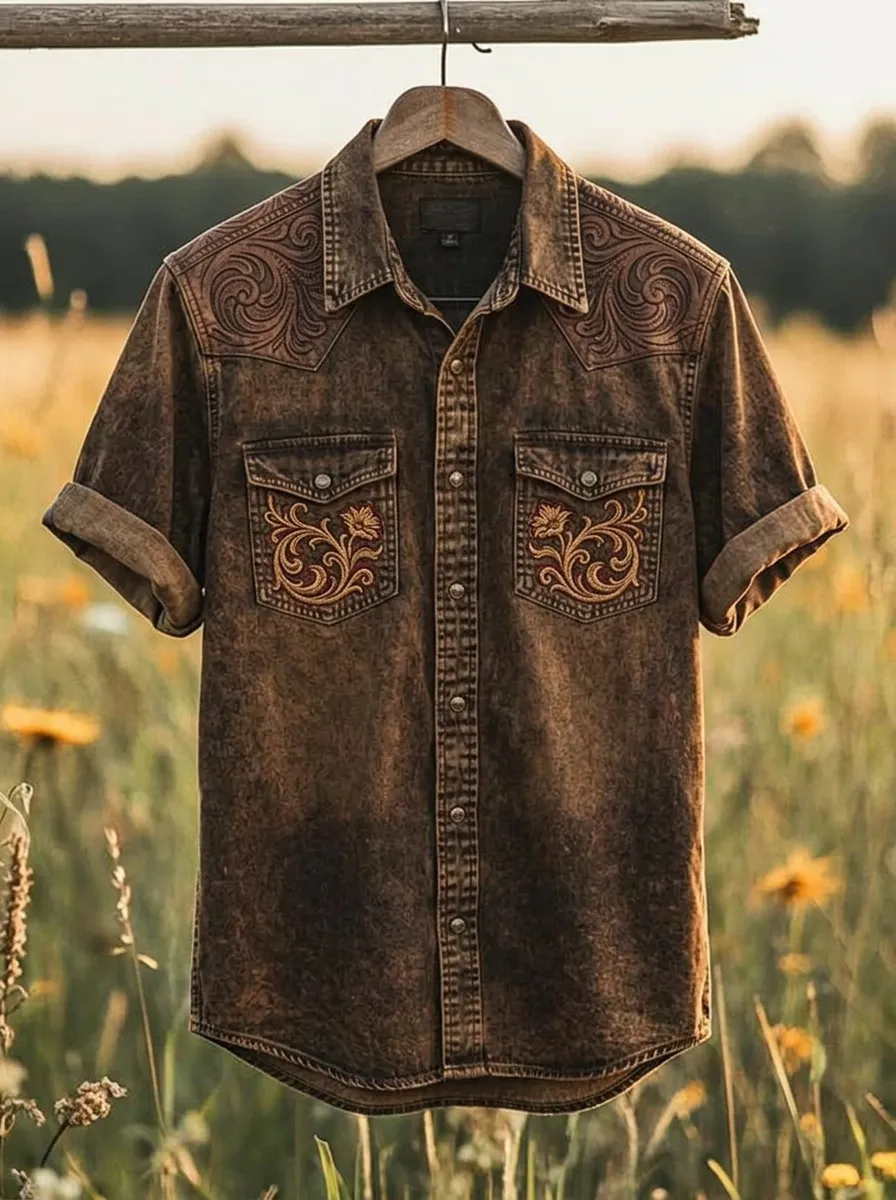 Men's Western Cowboy Floral Embroidered Acid Wash Printed Shirt