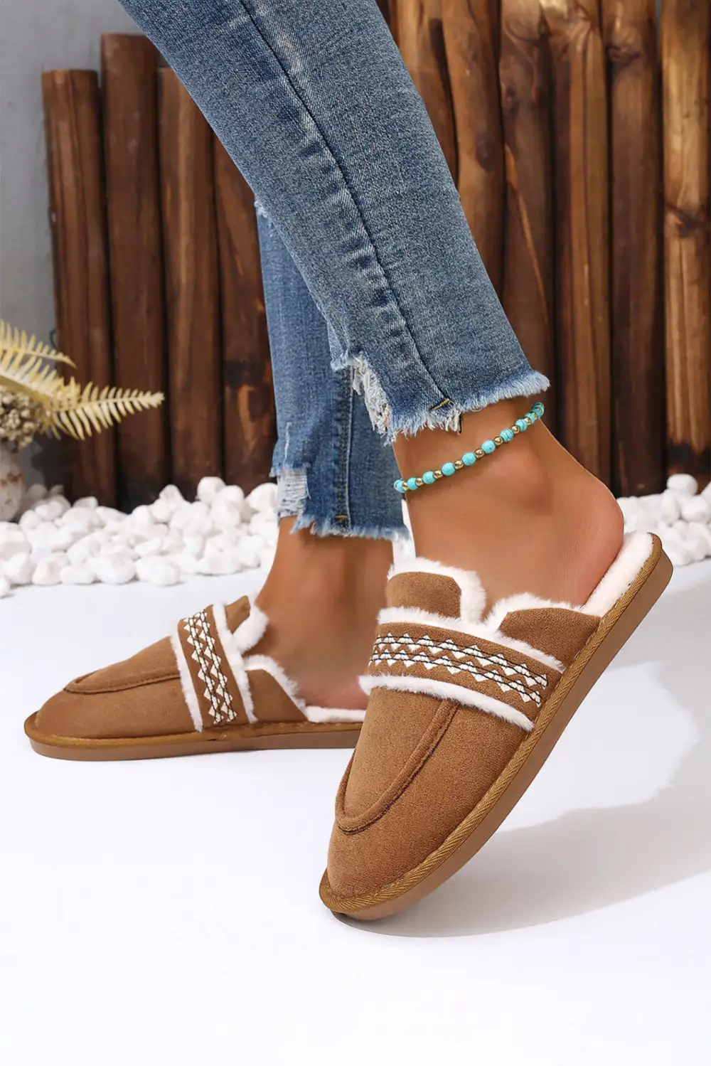 Suede Wavy Striped Plush Lined Home Slide Slippers