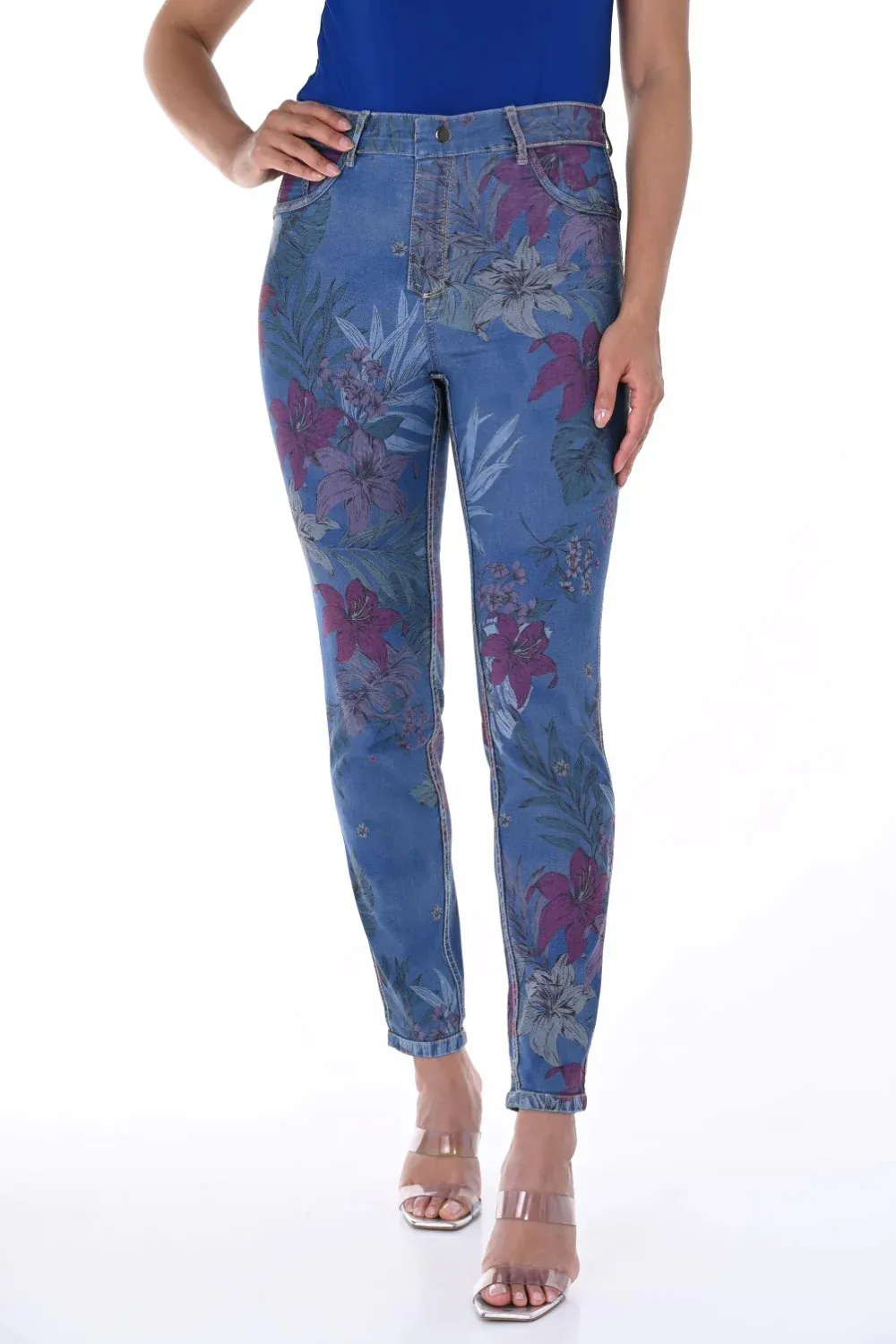 Blue Floral Print Skinny Jeans
