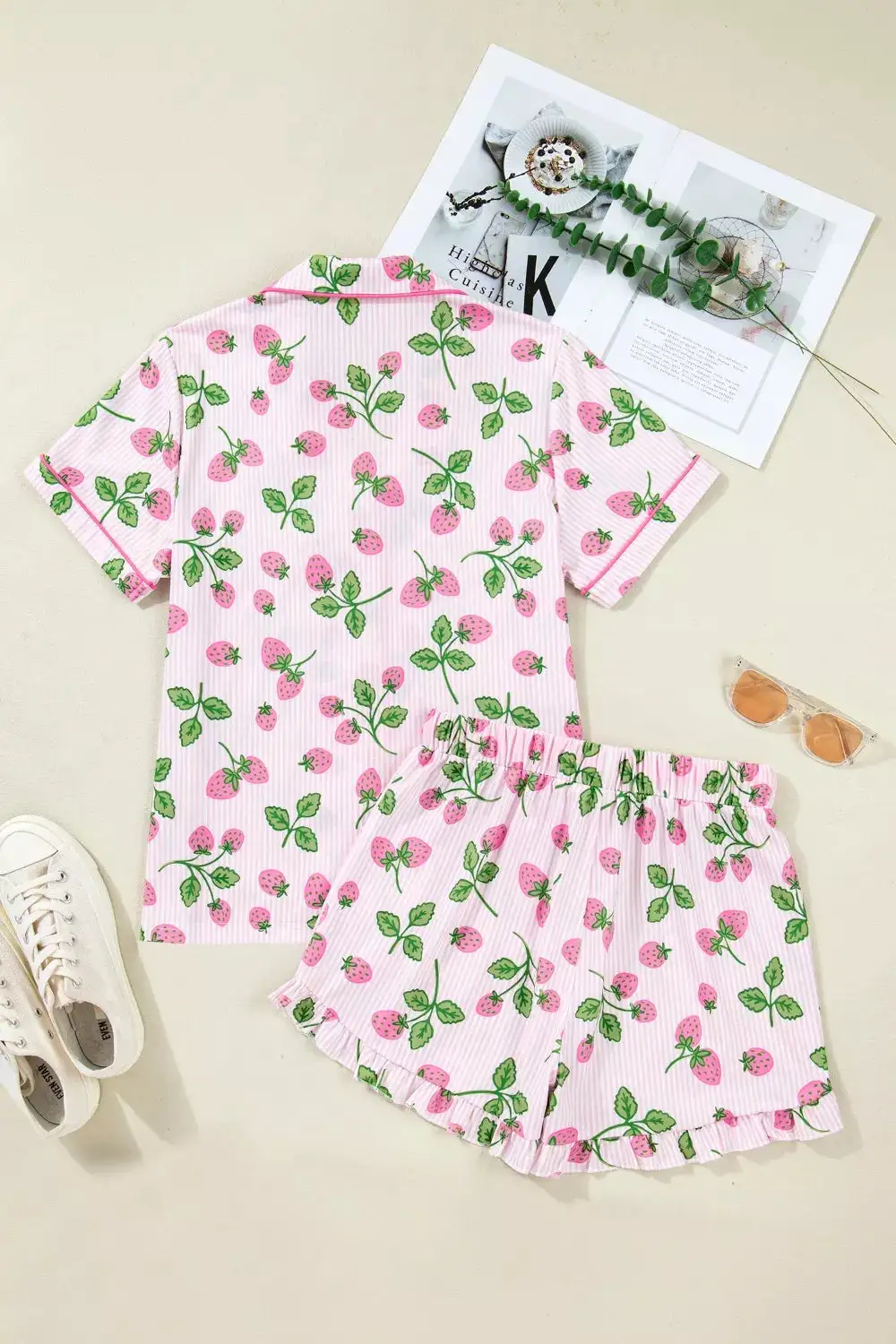 Striped Strawberry Print Lapel Shirt Drawstring Shorts Pcs Pajama Set