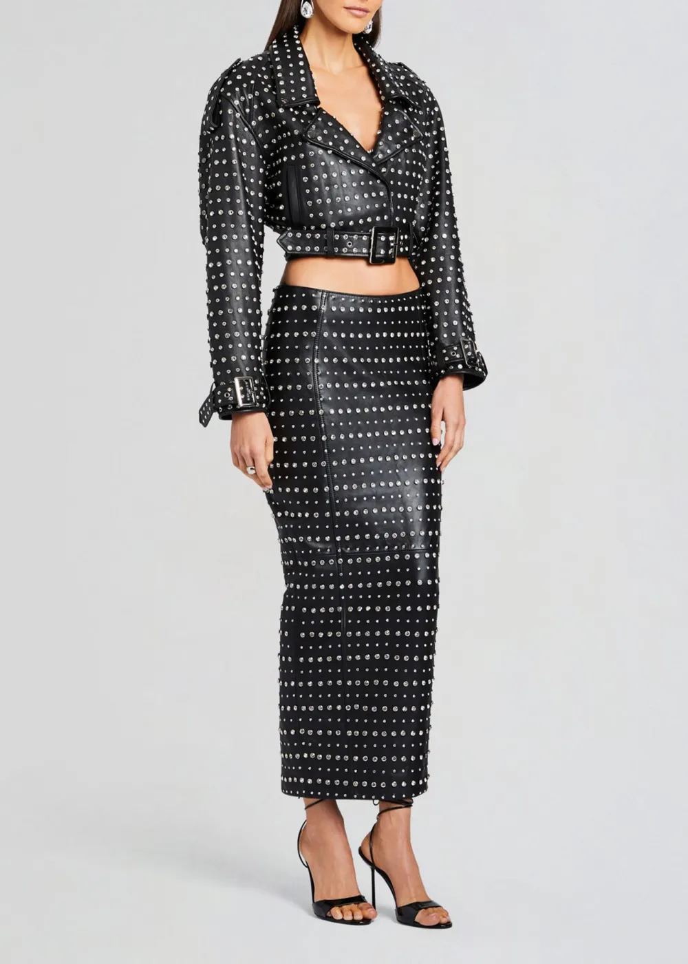 Lapel Embellished Leather Jacket