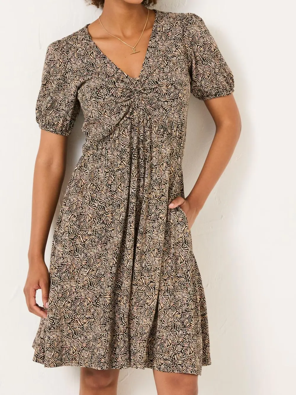 Nell Black Leaf Short Sleeve V-Neck Midi Dress