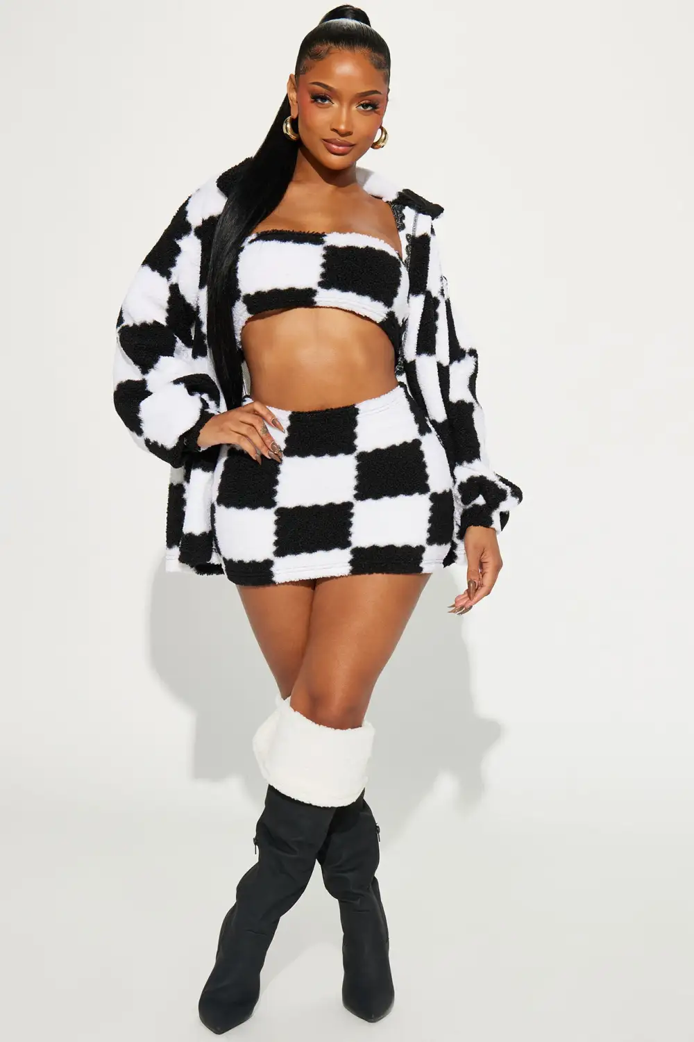 Checked Out Sherpa 3 Piece Skirt Set - Black/combo