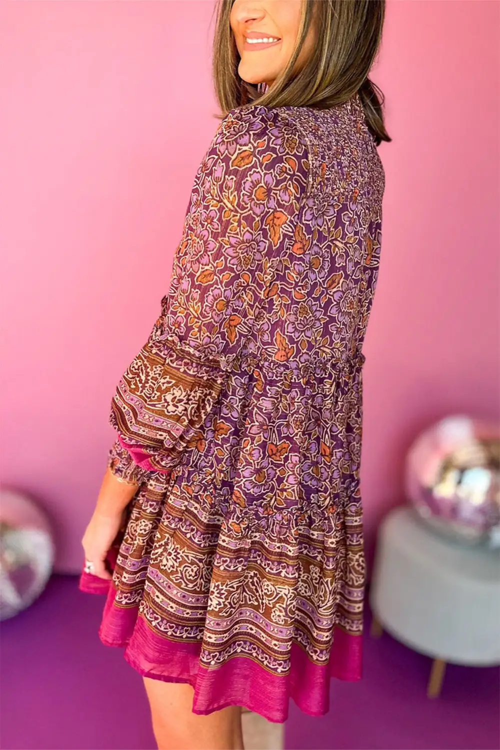 Purple Floral Print Smocked Puff Sleeve High Neck Mini Dress