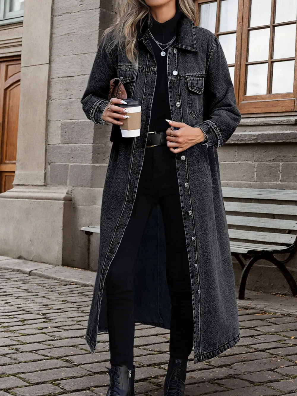 Single-Breasted Long Denim Jacket