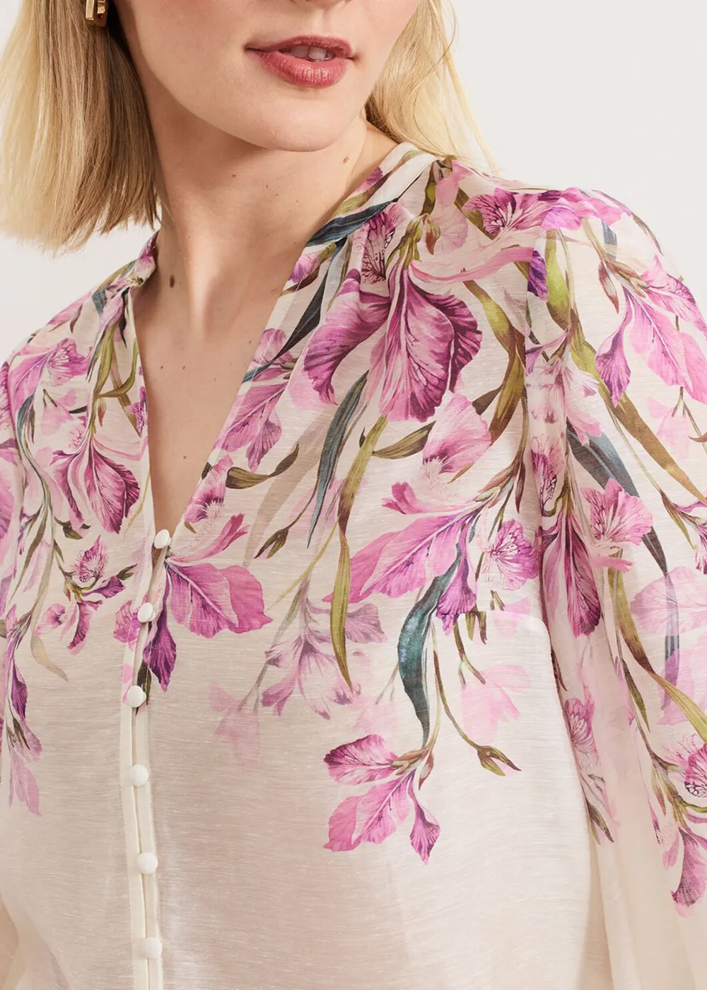 Skin-Friendly Breathable Linen Pink Printed Ladies Shirt