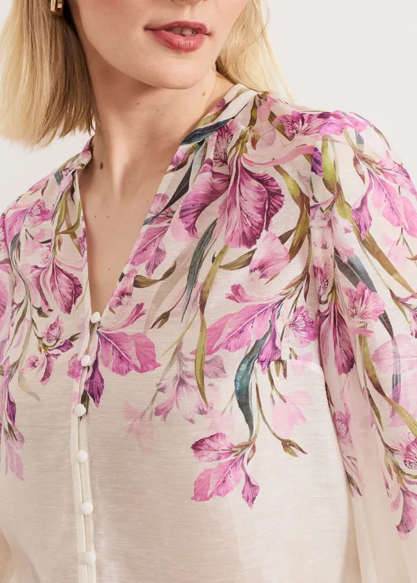 Skin-Friendly Breathable Linen Pink Printed Ladies Shirt